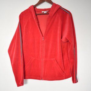 Vintage red velour track suit jacket with classic sporty stripes